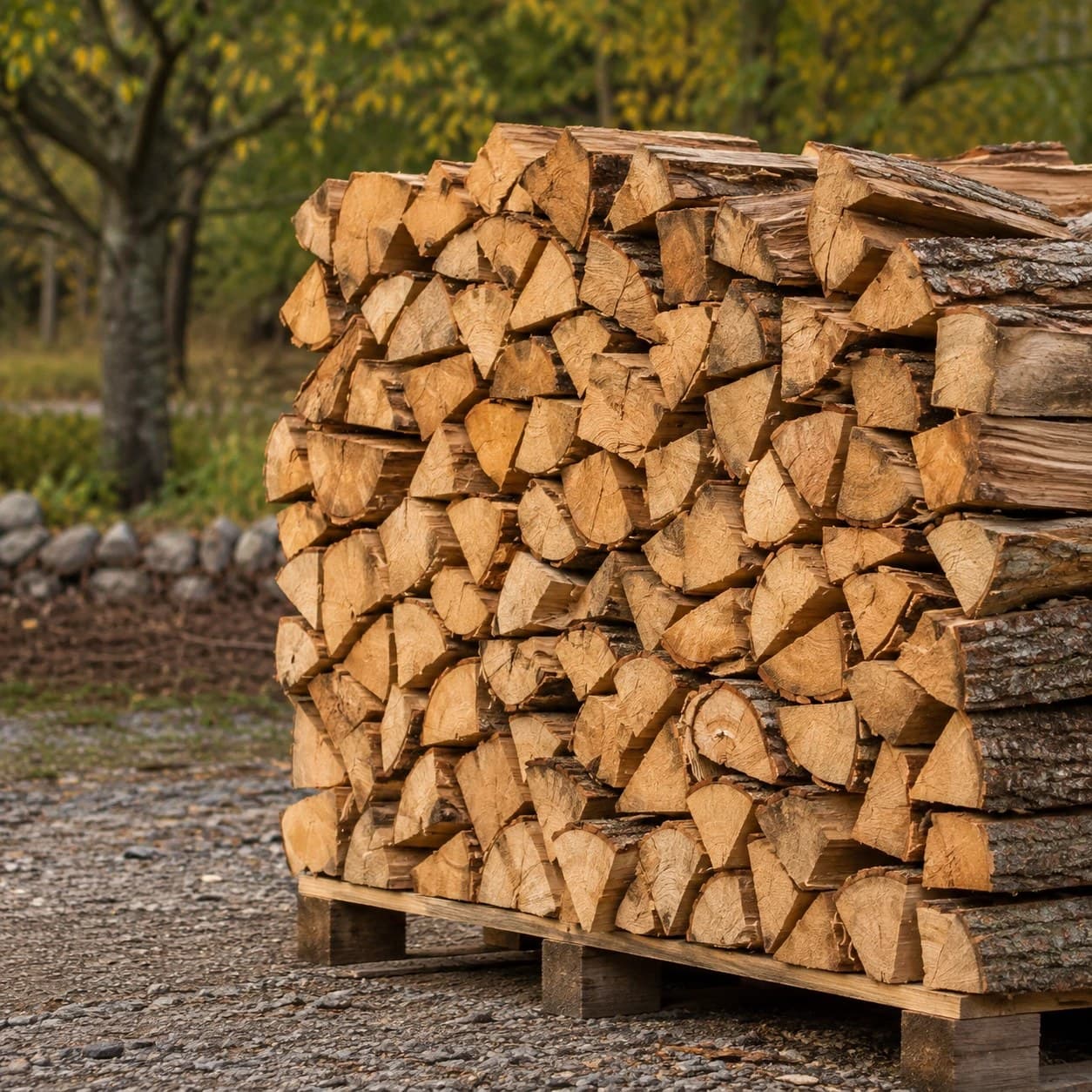 Palette de bois de chauffage au cœur de la forêt